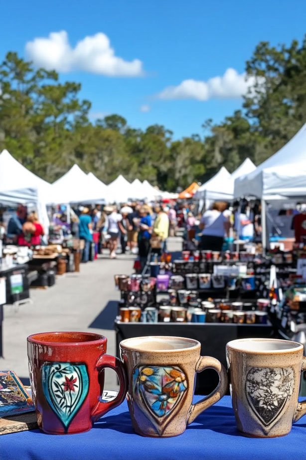 Handcrafted coffee mugs at arts festival.