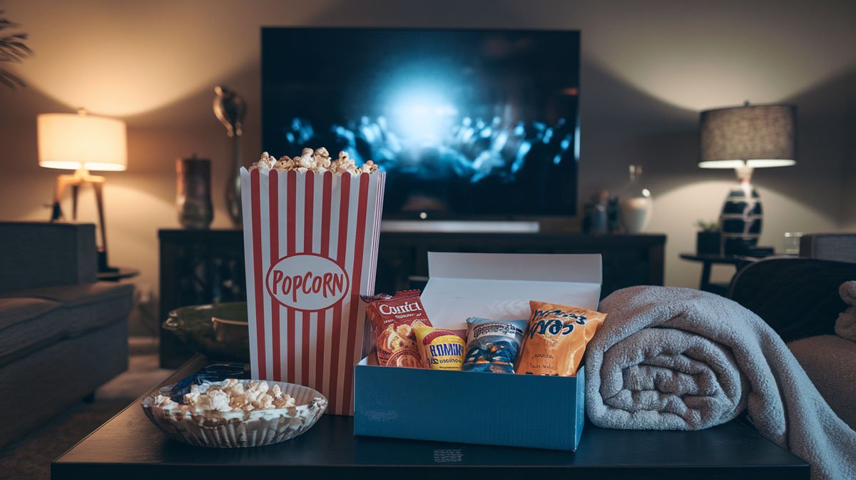 Movie night kit with popcorn and snacks