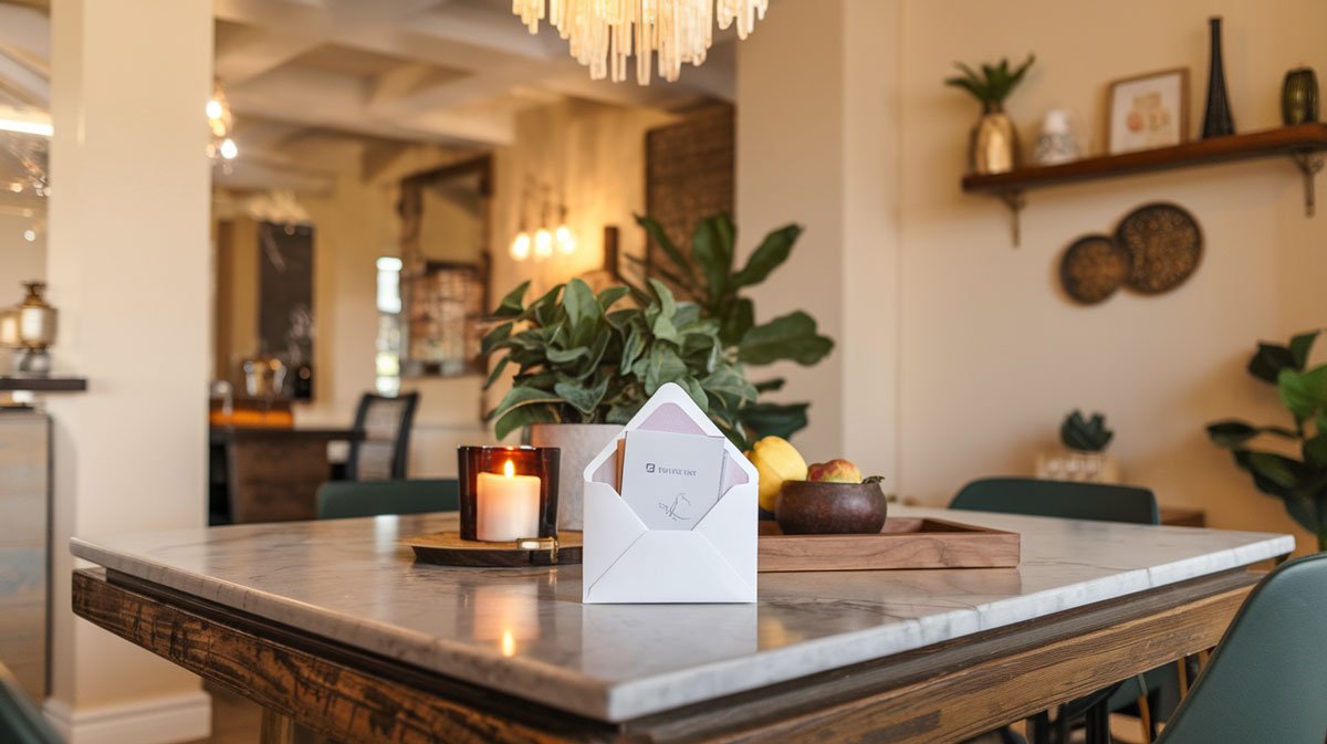 Gift card on dining table in apartment