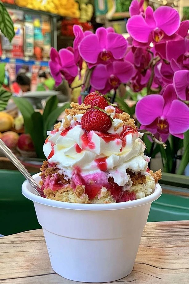 Strawberry shortcake with whipped cream at Parkesdale Farm Market.