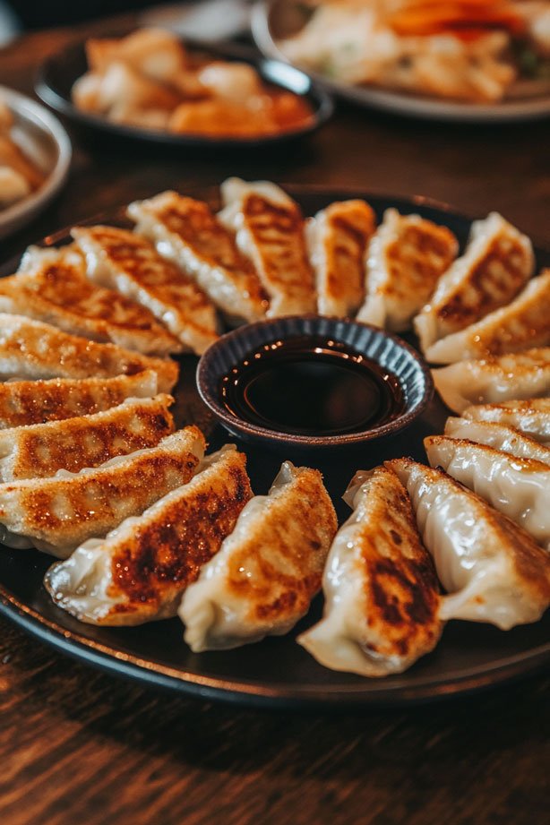 Pan-fried potstickers with soy sauce.