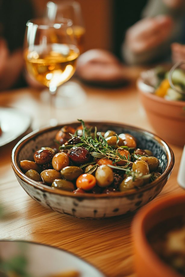 Warm roasted olives with garlic and herbs.