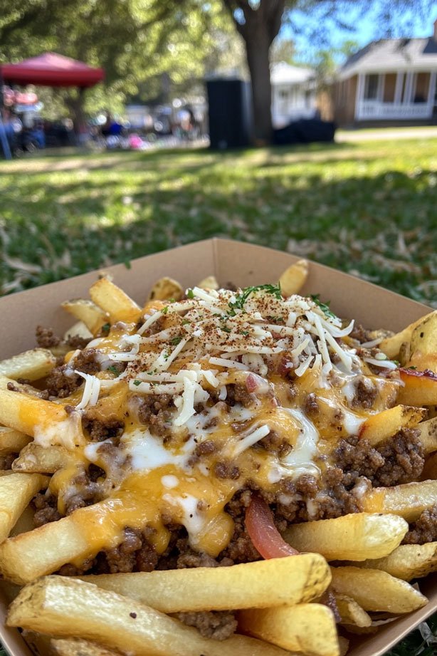 Loaded fries at Sanford Porchfest.