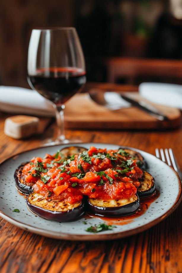 Sautéed eggplant with tomato sauce.