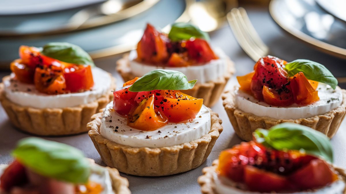 Close-up of Shanklish tartlets with basil garnish