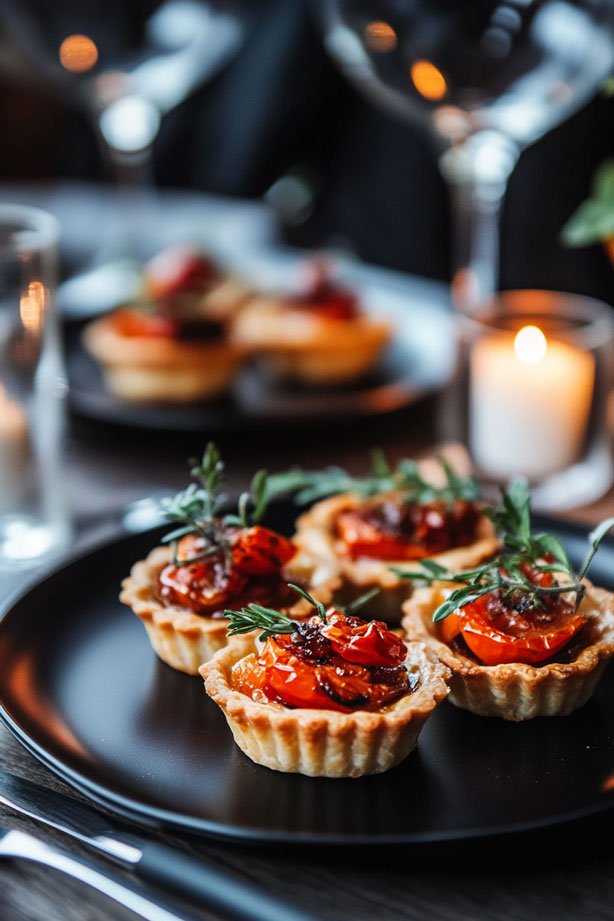 Cheese tartlet with tomato confit, candle-lit.