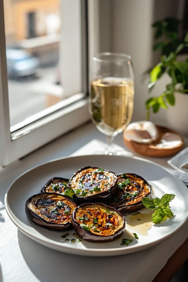 Charred eggplant with mint and garlic.