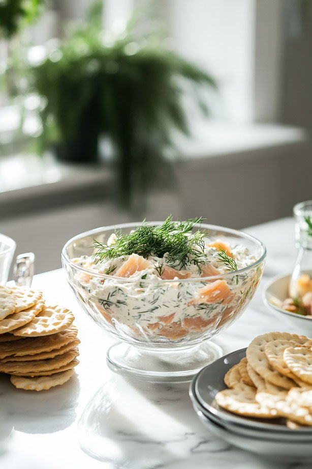 Smoked salmon dip with dill and crackers.