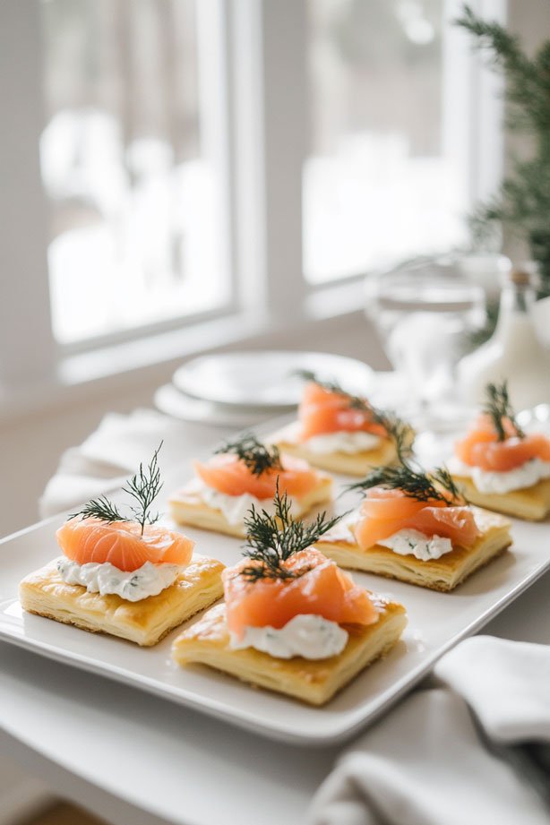 Puff pastry with smoked salmon and goat cheese.