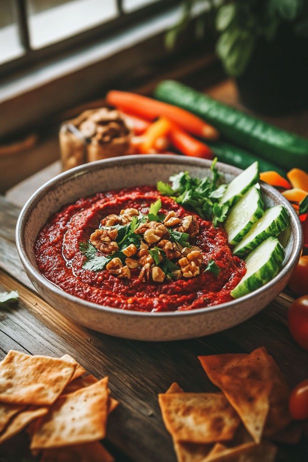 Muhammara dip with walnuts and pita chips.