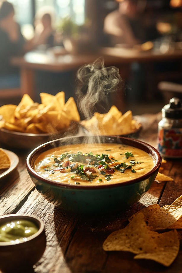 Warm queso with tortilla chips.