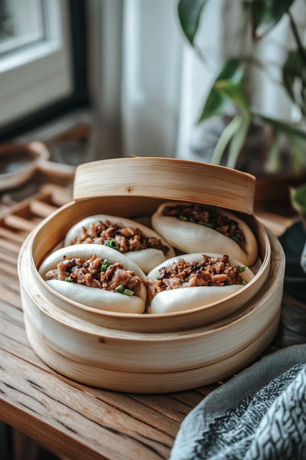 Soft bao buns with meat fillings.