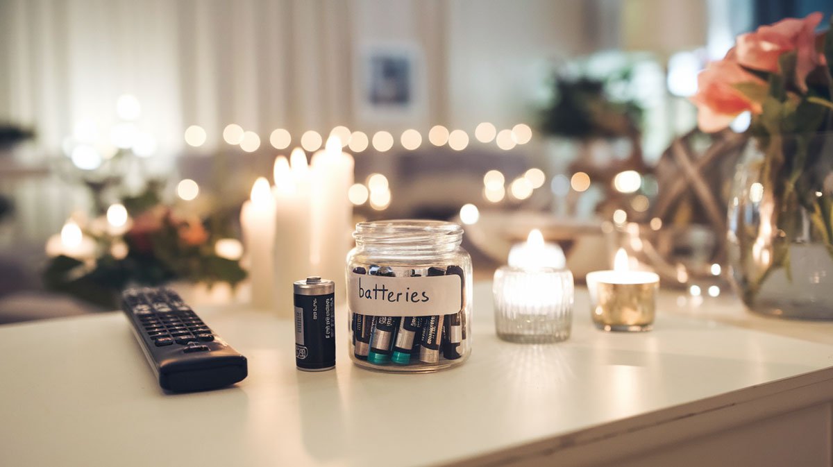 Jar of AAA batteries on side table