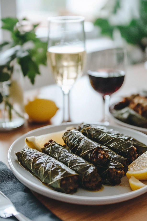 Stuffed grape leaves with lemon wedges.