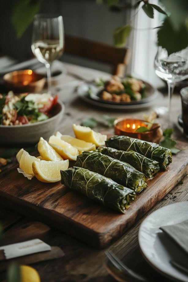 Grape leaves with lemon wedges, rustic board.