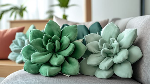 Succulent-shaped pillows on a minimalist sofa.