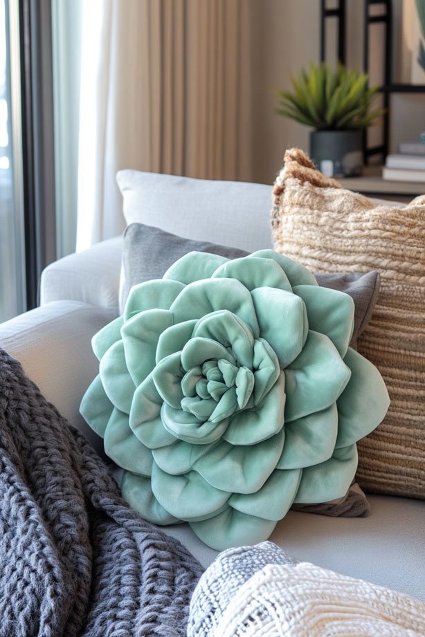 Hand-stitched succulent pillow on stylish sofa.