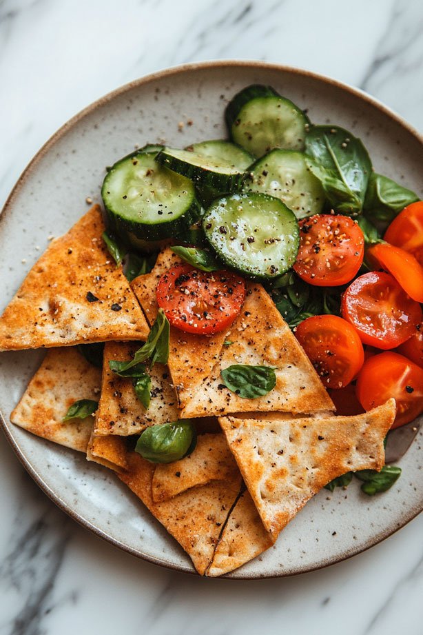 Sumac pita crisps with fresh vegetables.