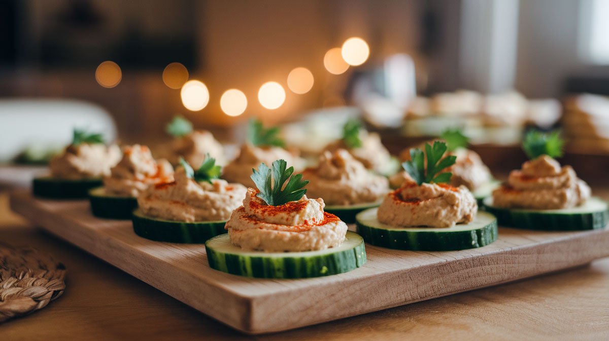 Tahini hummus bites on wooden board