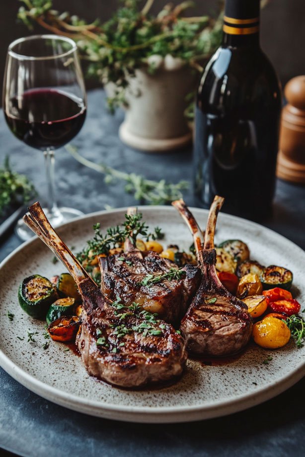 Grilled lamb chops with roasted vegetables and red wine