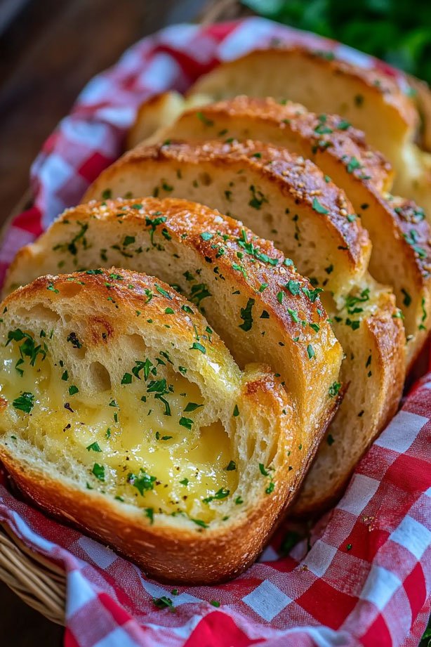 Buttery garlic bread in checkered basket