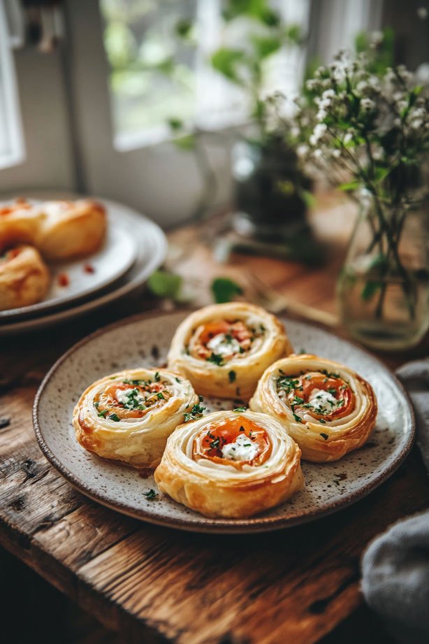 Puff pastry pinwheels with feta and tomatoes.