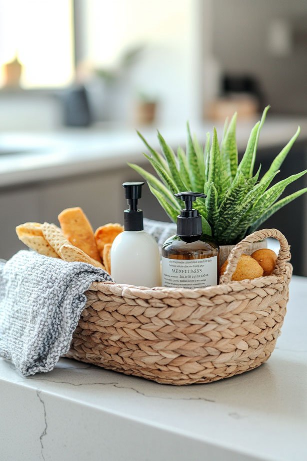 Gift basket with move-in essentials for new apartment residents