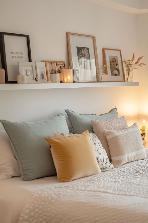 Small bedroom with bed shelves displaying decor and books