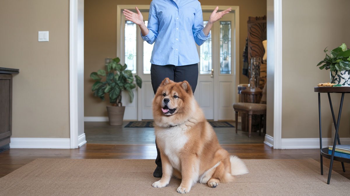 Chow Chow practicing commands in open-concept apartment