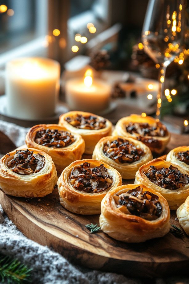 Puff pastry pinwheels with mushrooms.