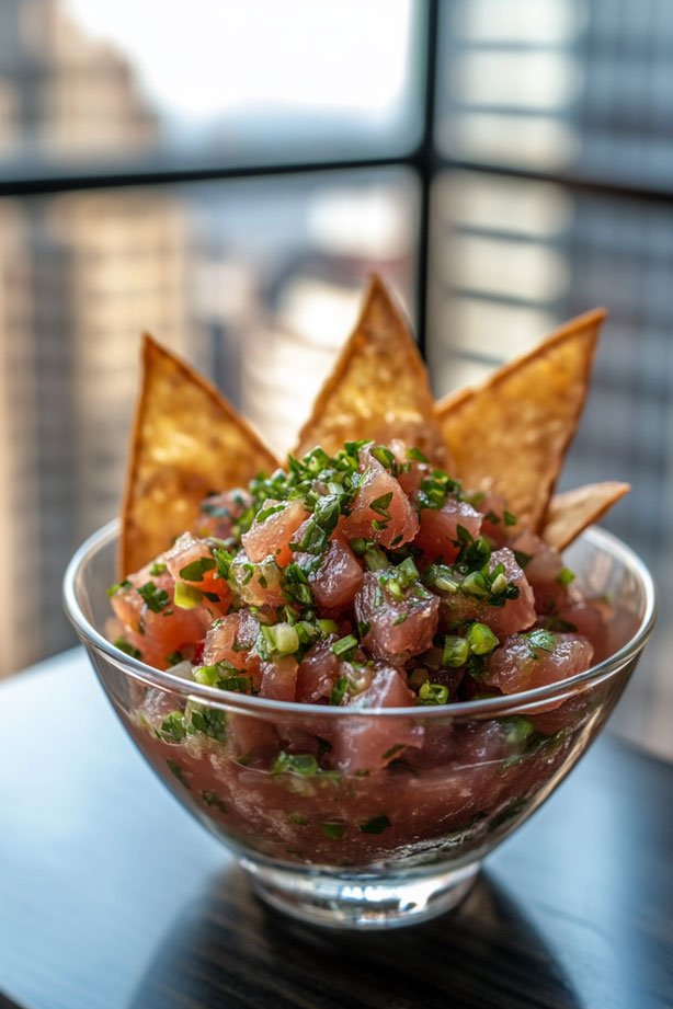 Tuna tartare with wonton chips.