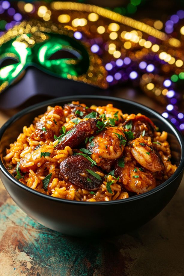 Jambalaya with Mardi Gras decorations.