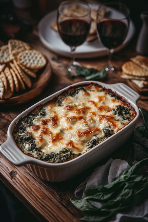 Spinach and artichoke dip with crackers.