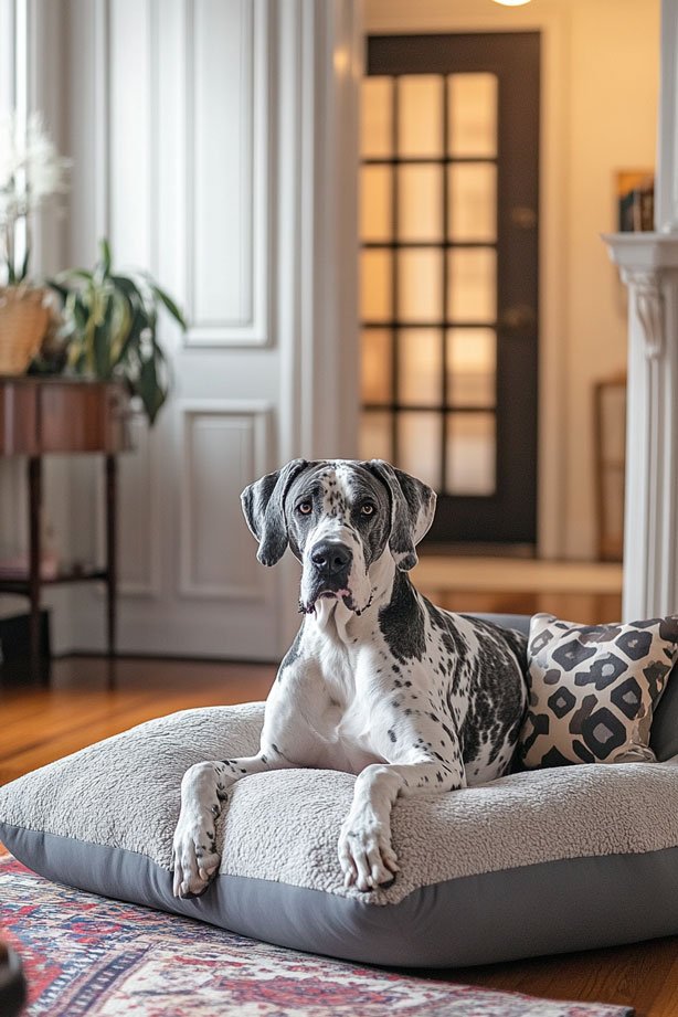 Calm Great Dane on large bed in apartment