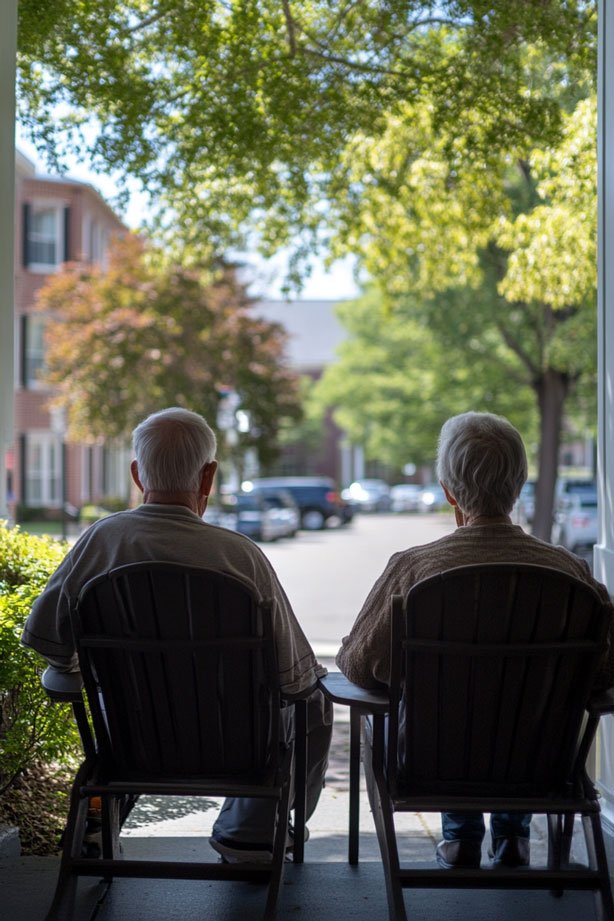 Residents gathered on a porch watching the neighborhood.