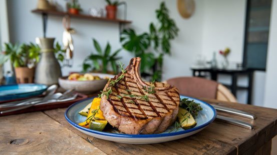 Grilled thick cut pork chop on a rustic table.