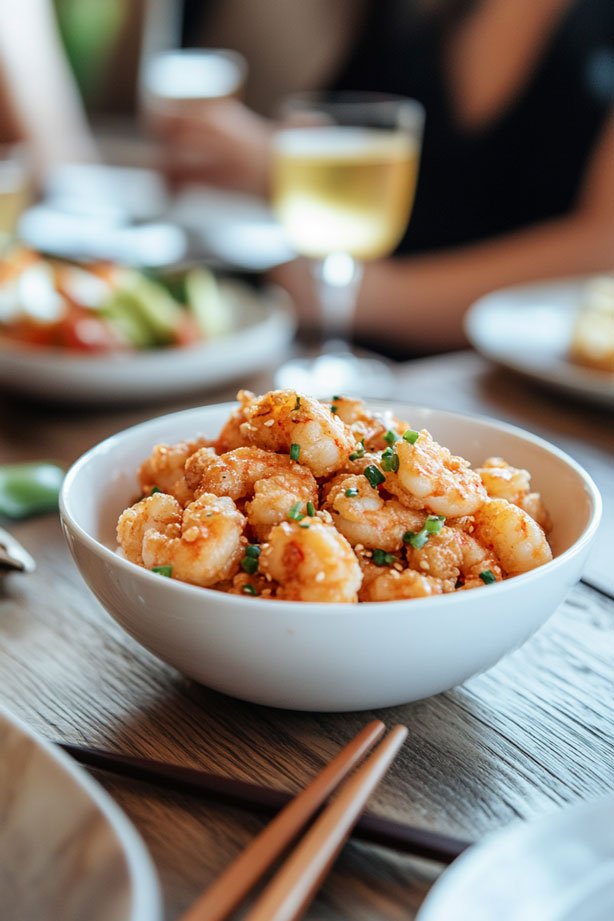 Crispy shrimp in spicy-sweet sauce.