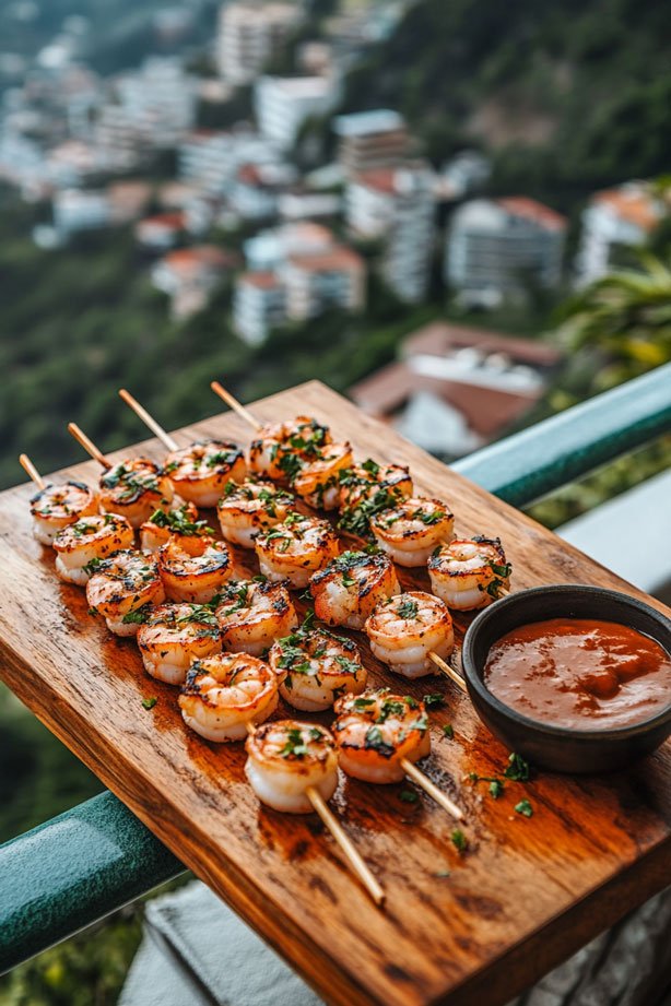 Char-grilled shrimp skewers on platter.