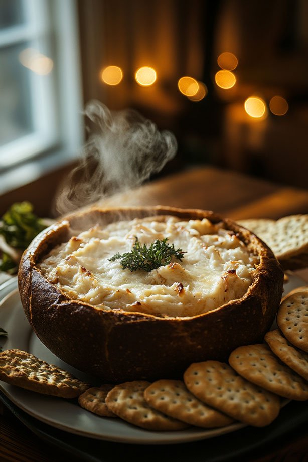 Creamy crab dip in bread bowl.