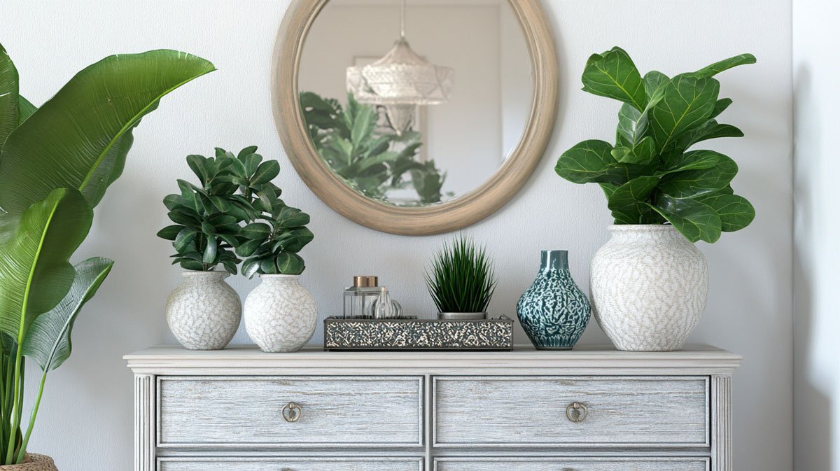 Mirrored dresser with elegant decor in organized space