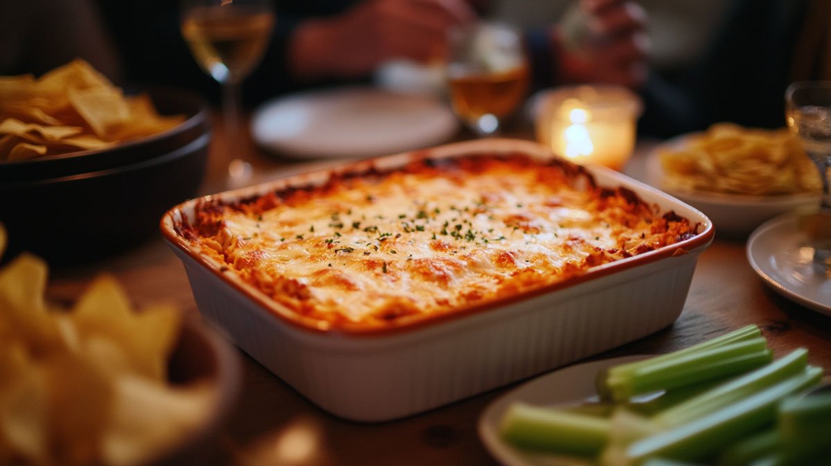 Buffalo chicken dip with chips and celery.