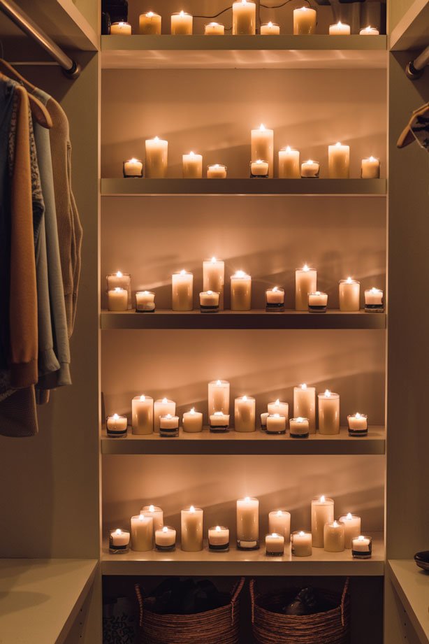 Candlelit prayer closet with soft flickering light