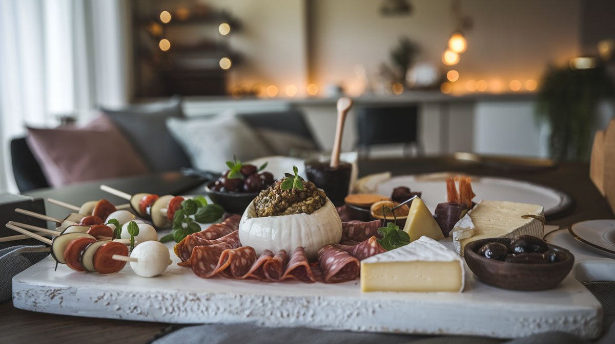 Cheese and charcuterie bites on rustic platter