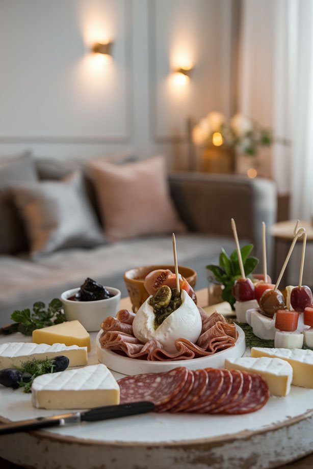 Cheese and charcuterie bites on rustic platter