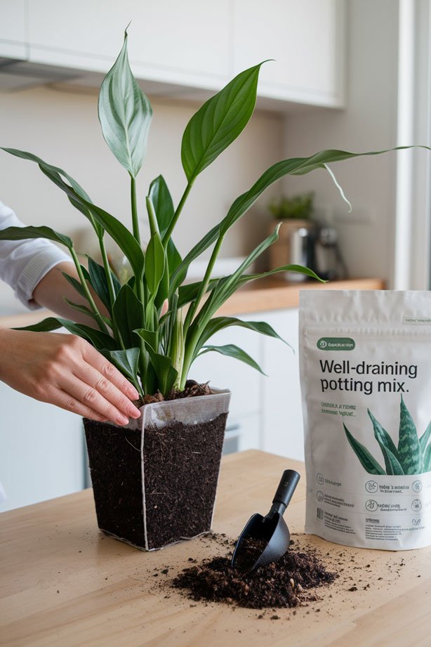 Choosing Well-Draining Soil for Peace Lilies: Peace lily in well-draining soil with perlite and coco coir