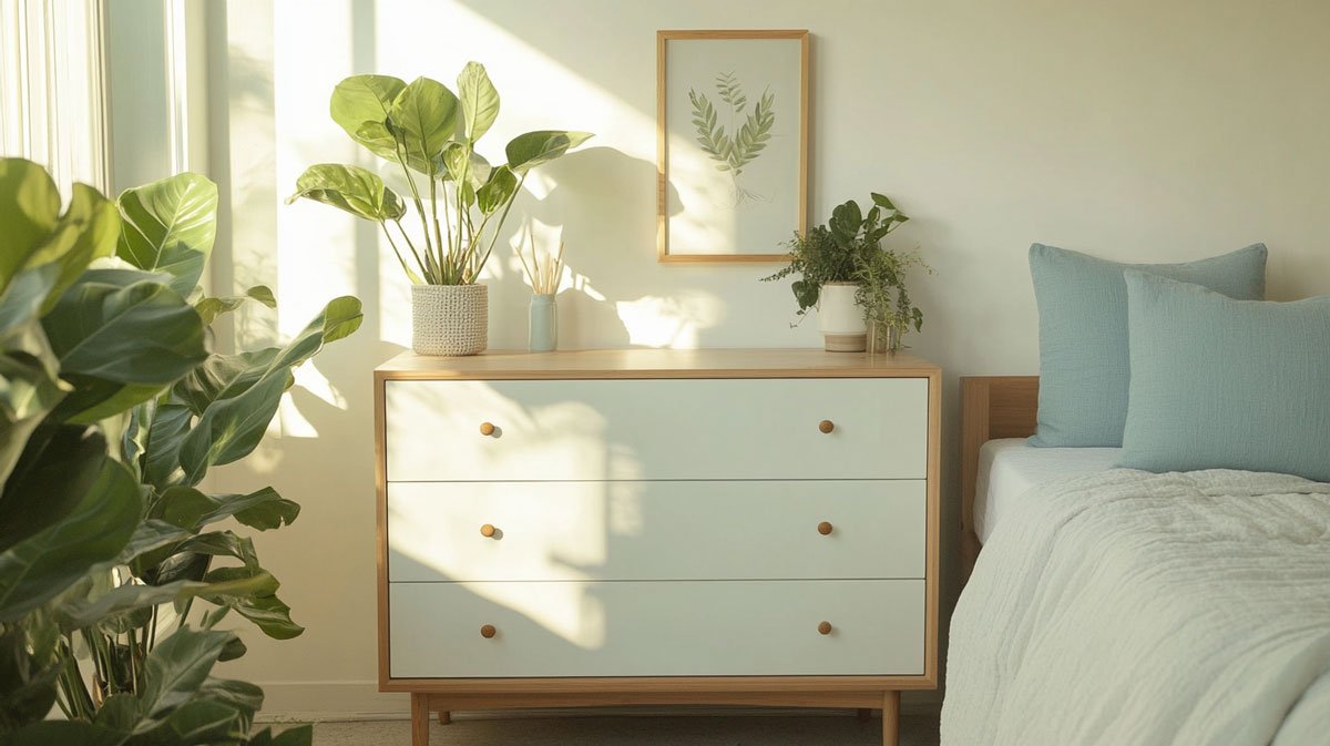 White dresser with pastel accents in bright bedroom