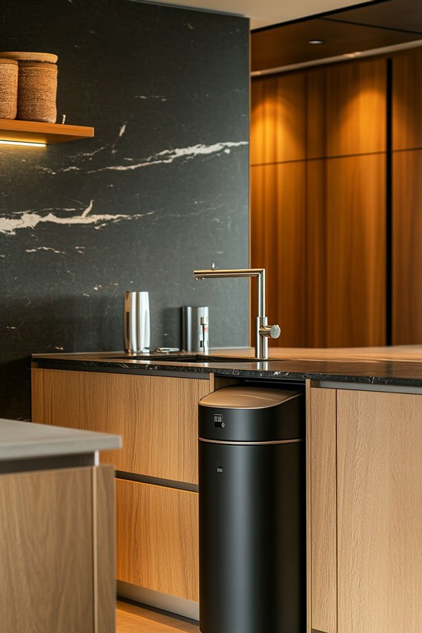 Sleek mini trash bin in kitchen.