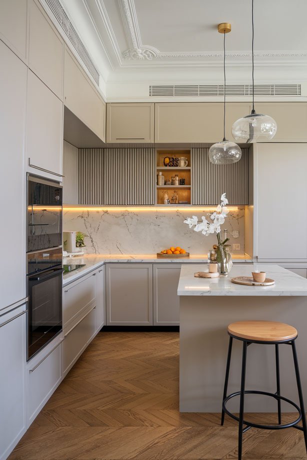 Small kitchen with decorative soffits.