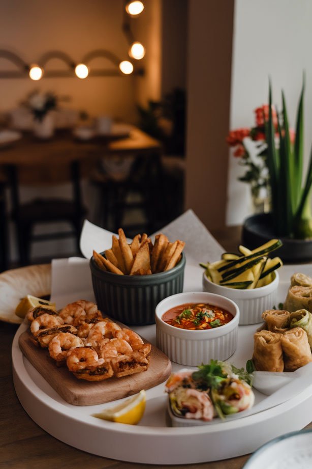 Crispy appetizers with dipping sauces