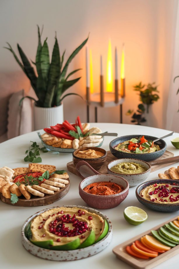 Assorted dips and spreads on rustic table